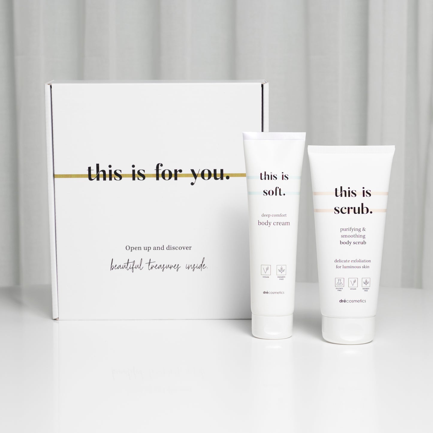 ‘this is for you.’ Cadeauset Body Scrub & Body Cream